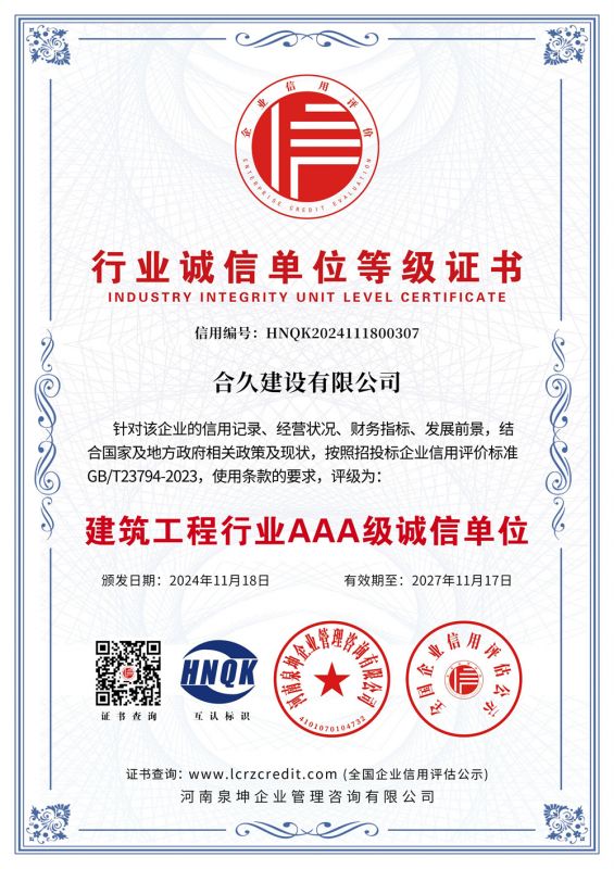行业诚信单位等级证书