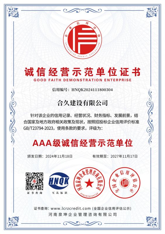 诚信经营示范单位证书
